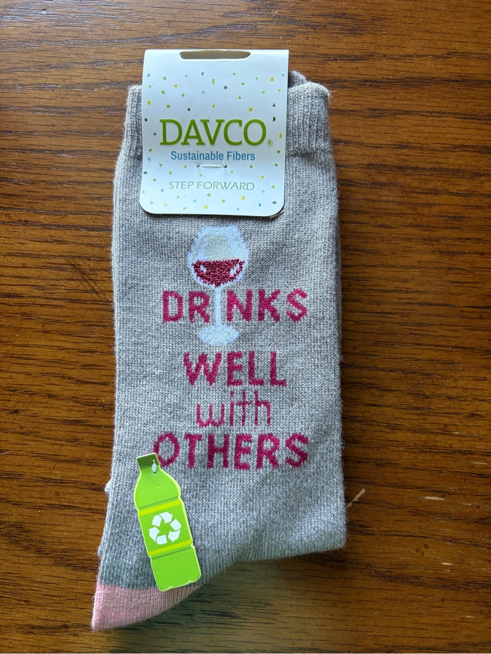 Davco Gray Crew Socks with Pink Lettering — 'Drinks Well With Others'